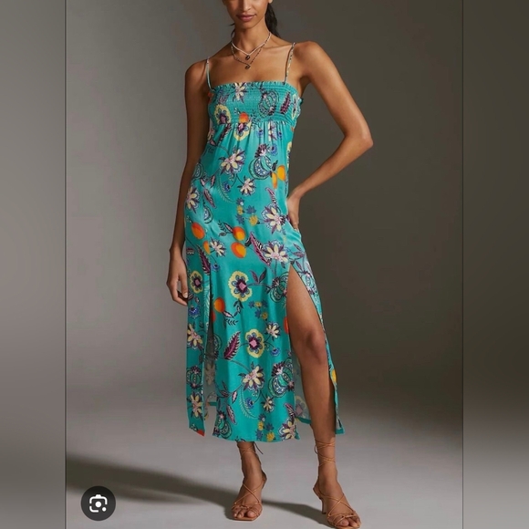 Maeve Antropologie Maxi Dress Smocked Floral Tropical Turquoise Size XS NWT - Picture 1 of 12